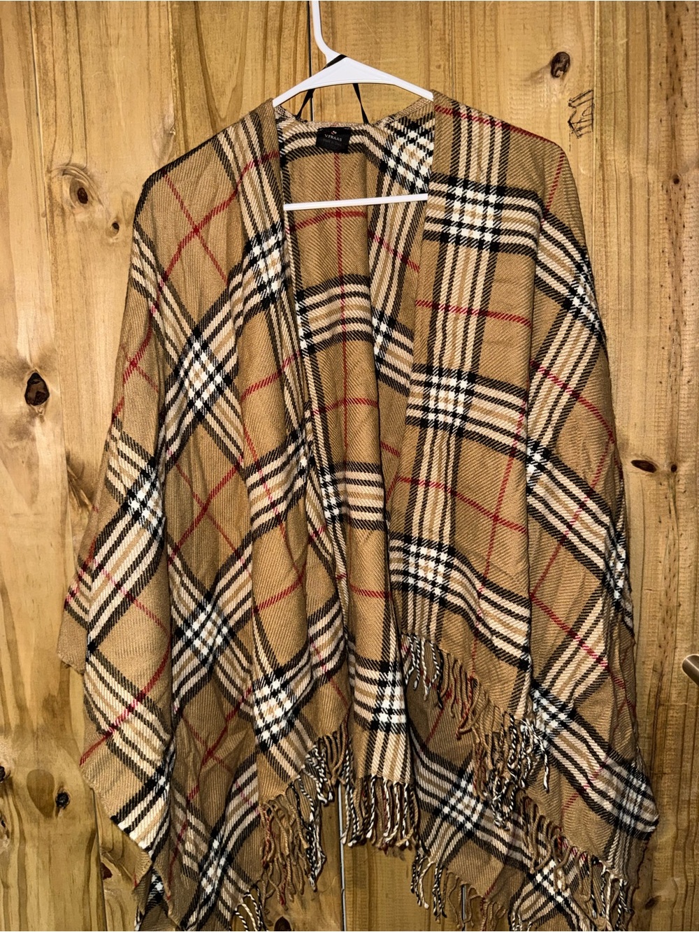 V. FRAAS Tan Plaid Fringe Shawl with Black, White, and Red Accents